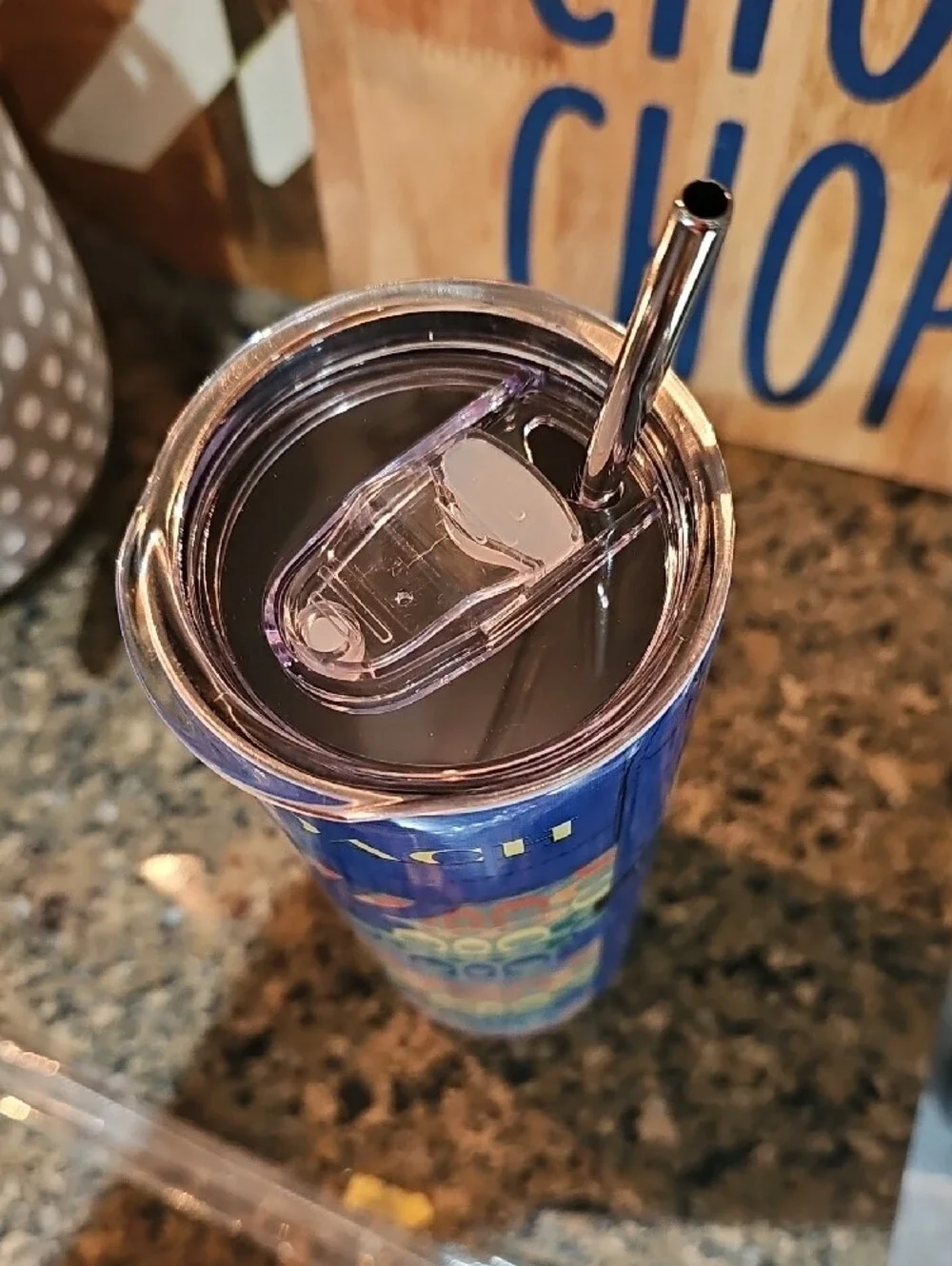 Coach Multicolor Signature Patterned Travel Tumbler with Blue Trim